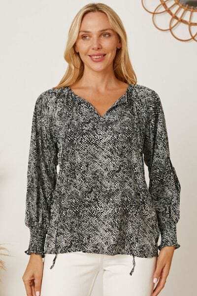Printed Tie Neck Lantern Sleeve Blouse - Trendsi - Flyclothing LLC