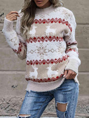 Reindeer & Snowflake Round Neck Sweater - Trendsi