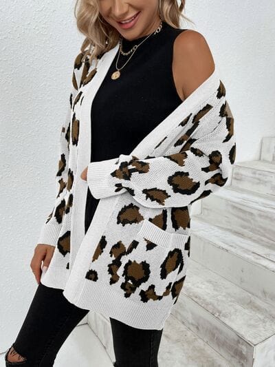 Leopard Open Front Dropped Shoulder Cardigan - Trendsi
