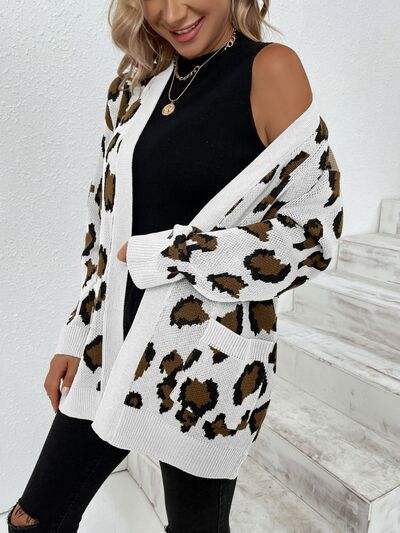 Leopard Open Front Dropped Shoulder Cardigan - Trendsi - Flyclothing LLC