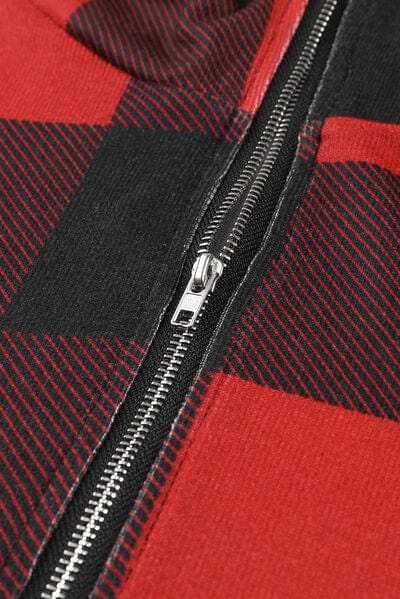Drawstring Plaid Half Zip Hoodie - Trendsi - Flyclothing LLC