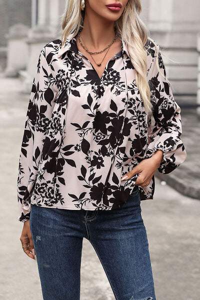 Printed Tie Neck Balloon Sleeve Blouse - Trendsi - Flyclothing LLC