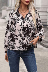 Printed Tie Neck Balloon Sleeve Blouse - Trendsi - Flyclothing LLC