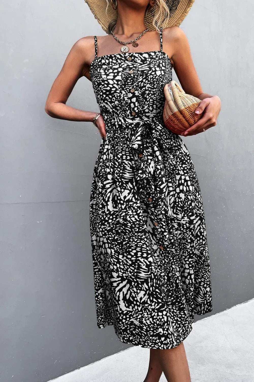 Printed Spaghetti Strap Decorative Button Belted Dress - Trendsi - Flyclothing LLC