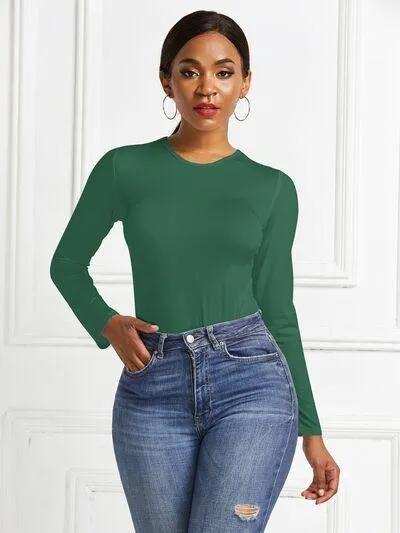 Round Neck Long Sleeve Bodysuit - Trendsi - Flyclothing LLC