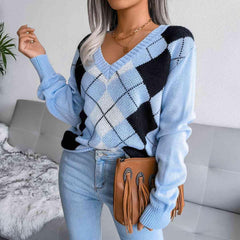 Geometric V-Neck Sweater - Trendsi