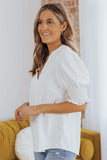 Smocked Flounce Sleeve Notched Neck Blouse - Trendsi - Flyclothing LLC