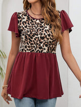 Leopard Round Neck Flutter Sleeve Babydoll Blouse - Trendsi - Flyclothing LLC