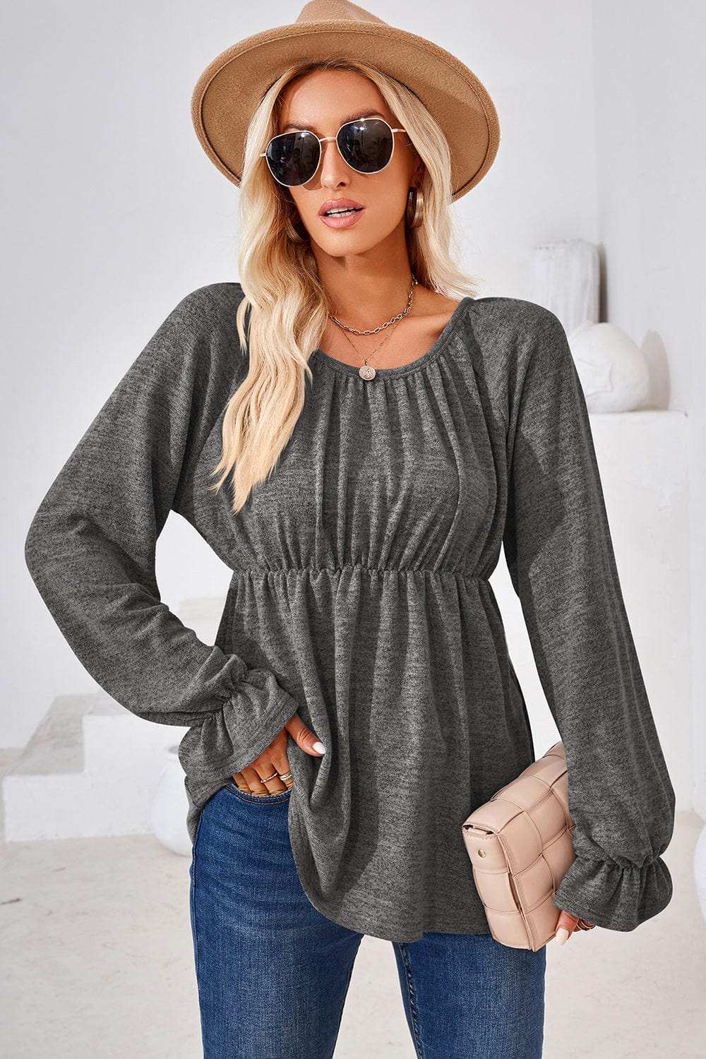 Ruched Round Neck Flounce Sleeve Blouse - Trendsi - Flyclothing LLC