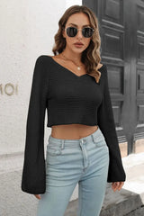 Cropped V-Neck Flare Sleeve Knit Top - Trendsi - Flyclothing LLC