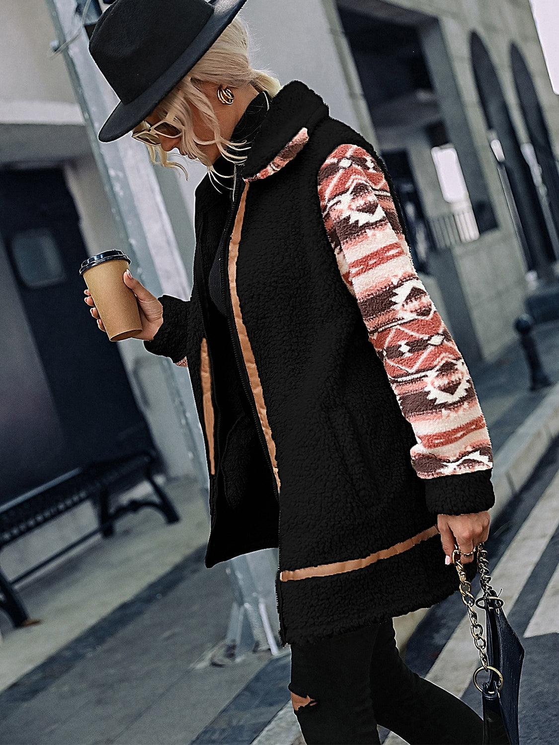 Geometric Zip-Up Collared Sherpa Jacket - Trendsi