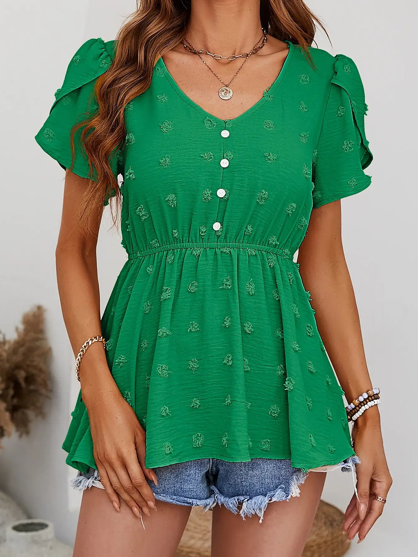 Swiss Dot Buttoned Petal Sleeve Peplum Blouse - Trendsi - Flyclothing LLC