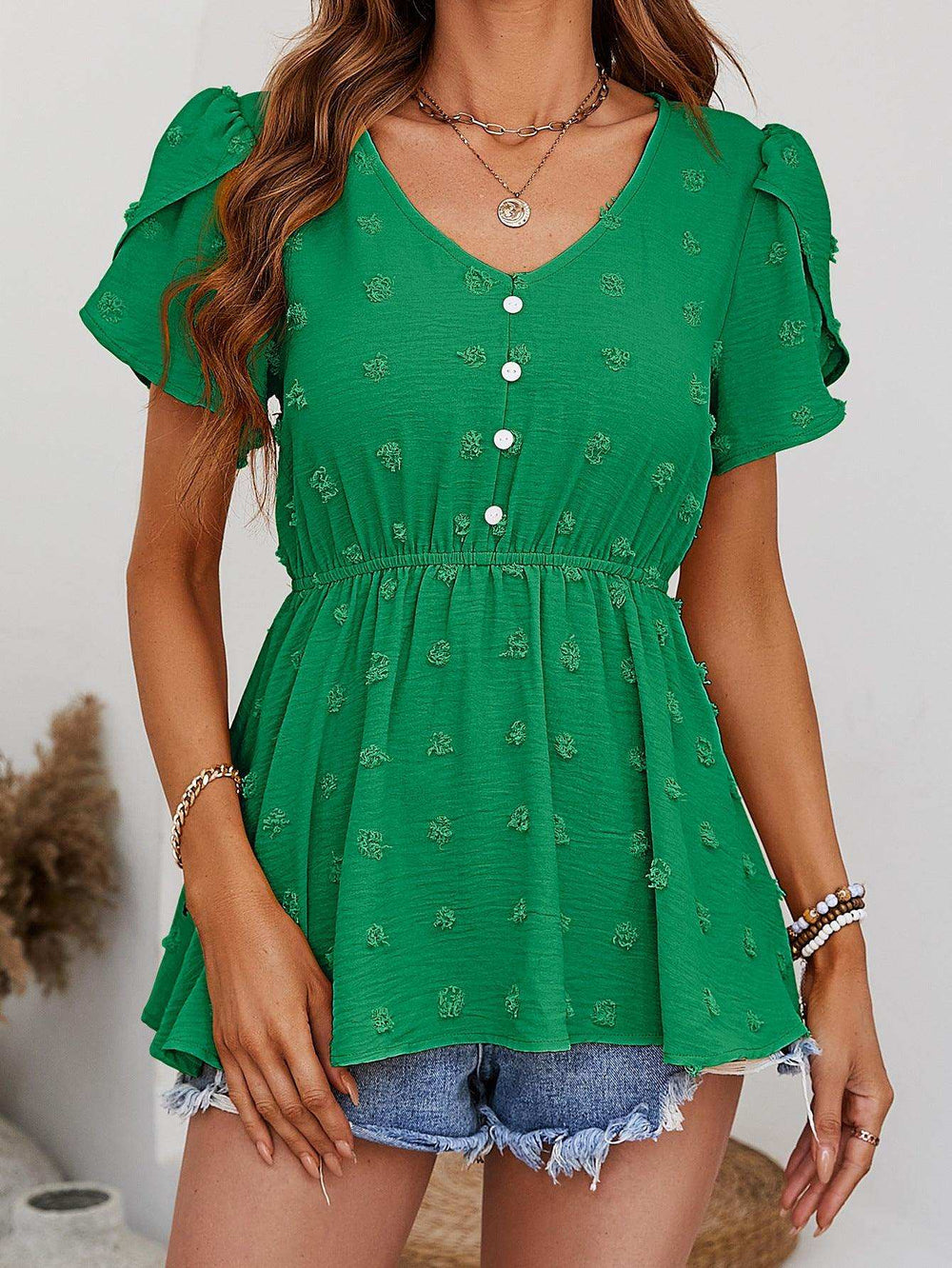 Swiss Dot Buttoned Petal Sleeve Peplum Blouse - Trendsi - Flyclothing LLC