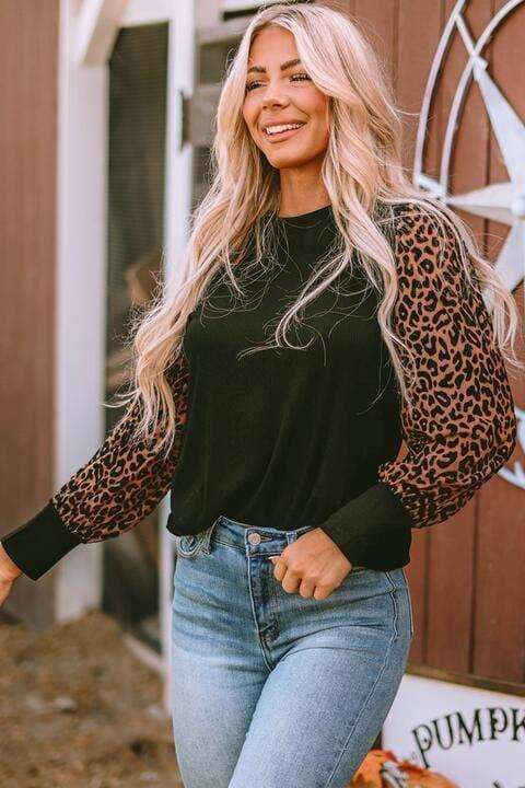 Leopard Print Long Sleeve Ribbed Knit Blouse - Trendsi - Flyclothing LLC