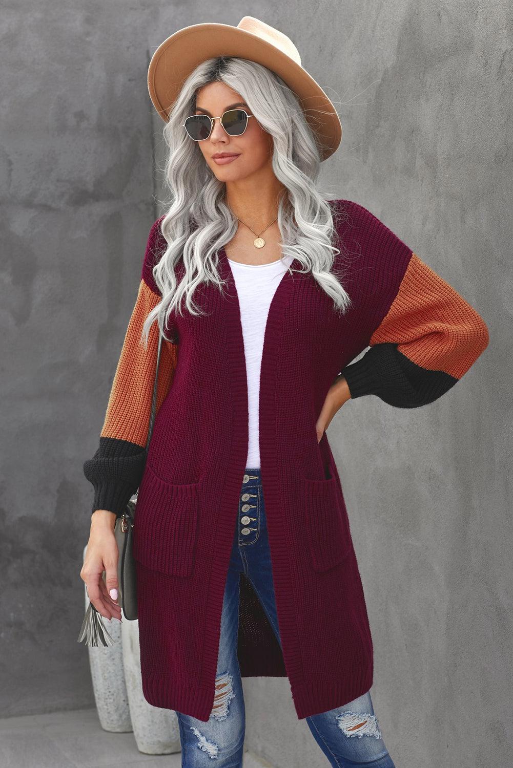Color Block Rib-Knit Longline Cardigan with Front Pockets - Flyclothing LLC