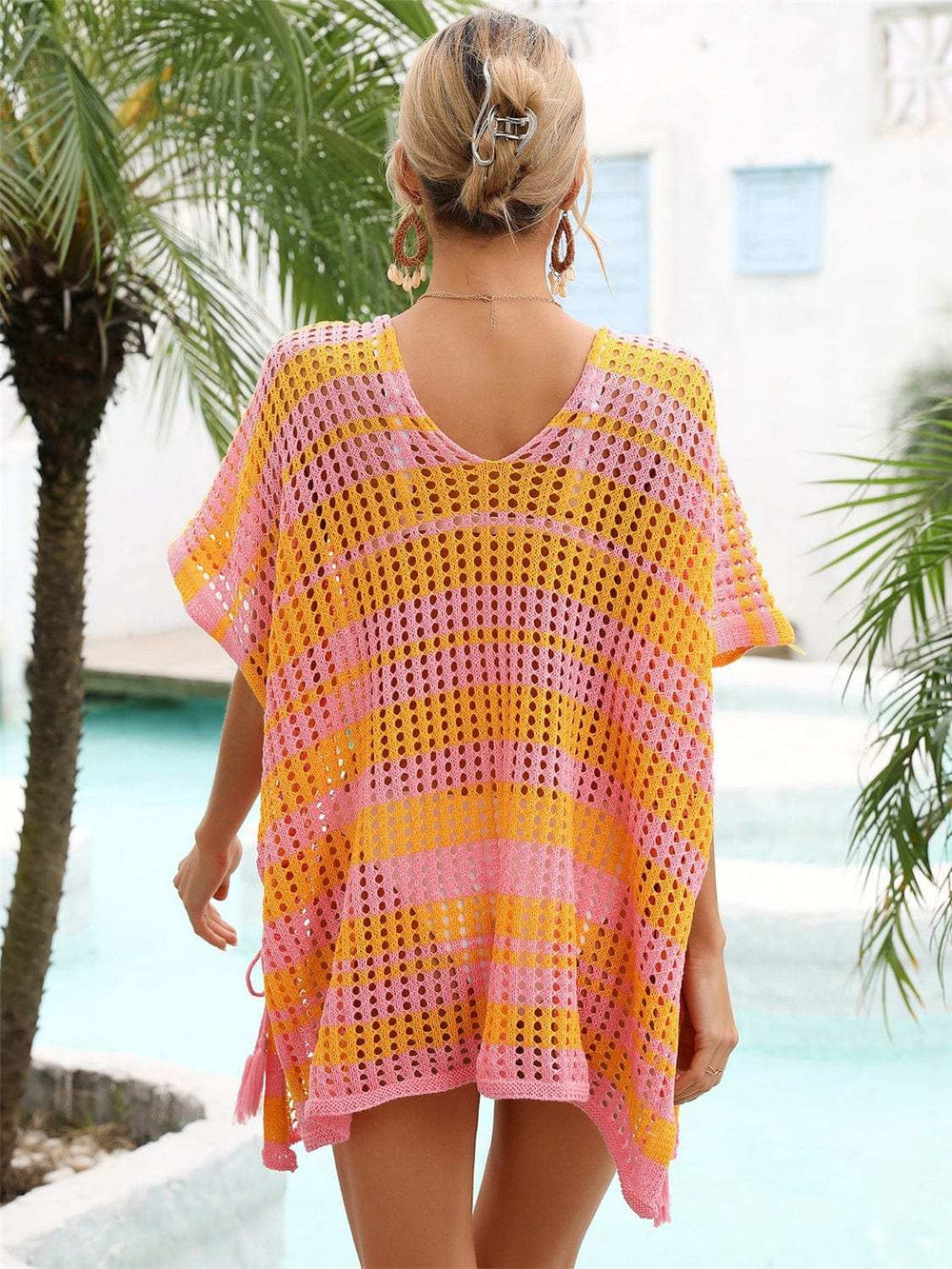 Tassel Openwork Striped V-Neck Cover Up - Trendsi - Flyclothing LLC