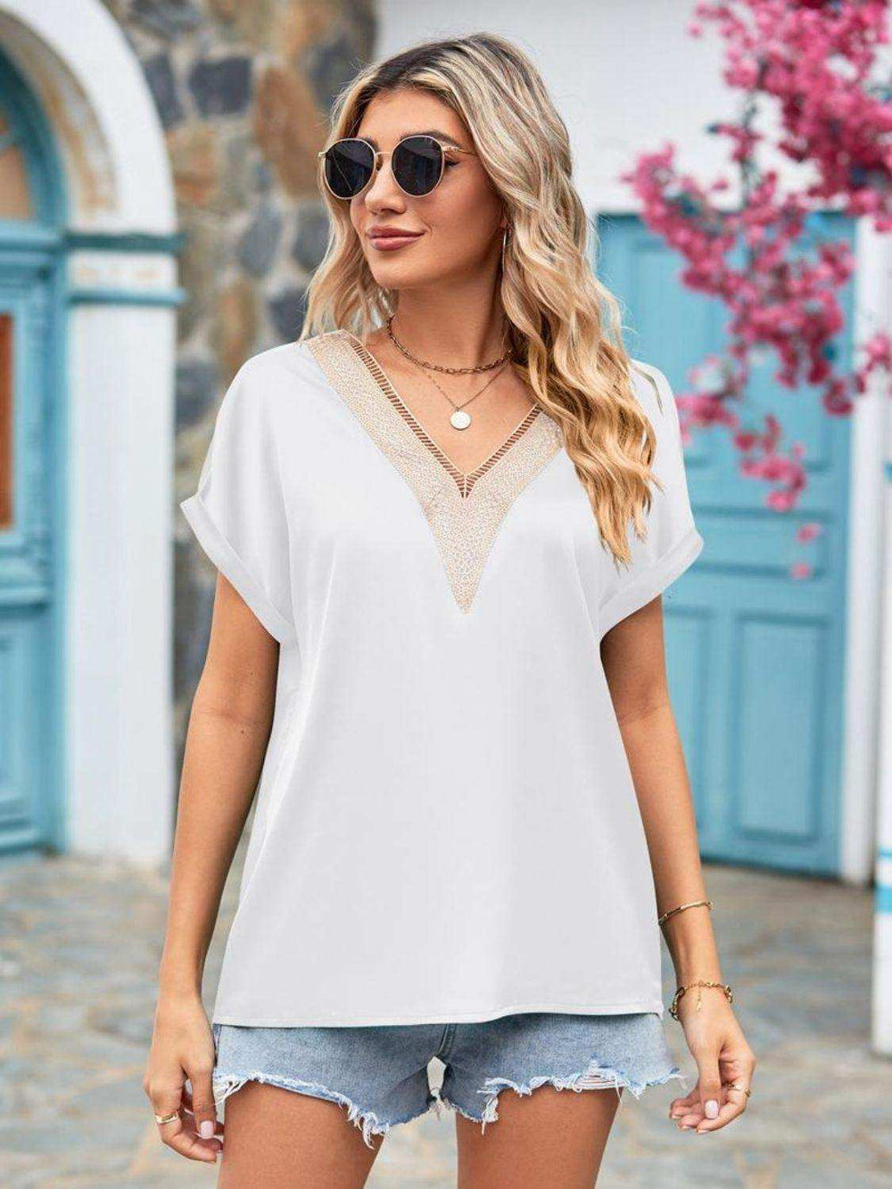V-Neck Cuffed Blouse - Trendsi - Flyclothing LLC