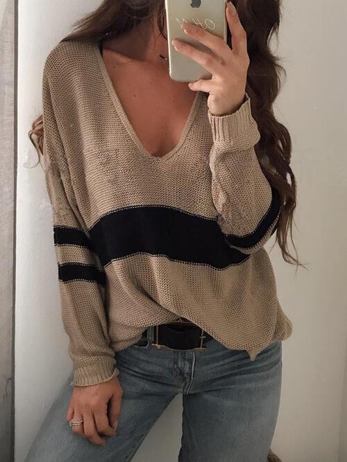 Striped V-Neck Long Sleeve Sweater - Flyclothing LLC