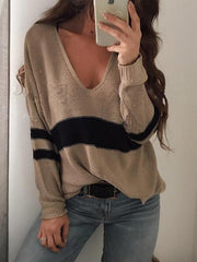 Striped V-Neck Long Sleeve Sweater - Flyclothing LLC