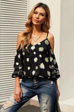 Printed Cold-Shoulder Three-Quarter Flare Sleeve Blouse - Trendsi