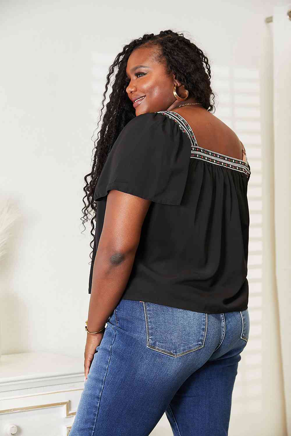 Double Take Contrast Square Neck Puff Sleeve Blouse - Trendsi - Flyclothing LLC