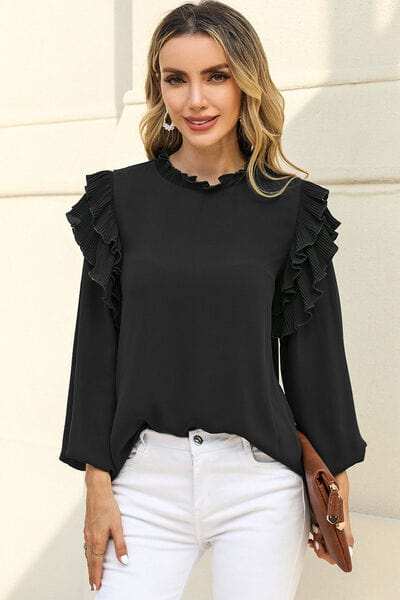 Ruffled Round Neck Long Sleeve Blouse - Trendsi - Flyclothing LLC