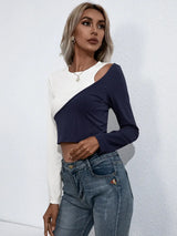 Croopped Contrast Color Round Neck Short Sleeve Tee - Trendsi - Flyclothing LLC