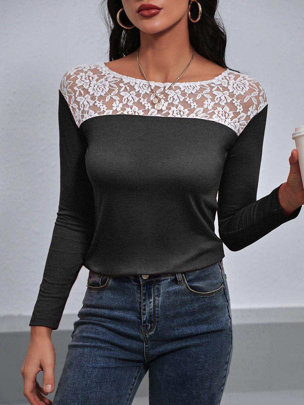 Lace Trim Long Sleeve Round Neck Tee - Trendsi - Flyclothing LLC