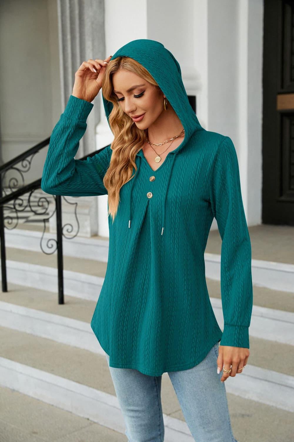 Long Sleeve Hooded Blouse - Trendsi