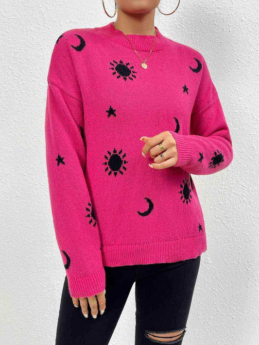 Patterned Drop Shoulder Sweater - Trendsi - Flyclothing LLC