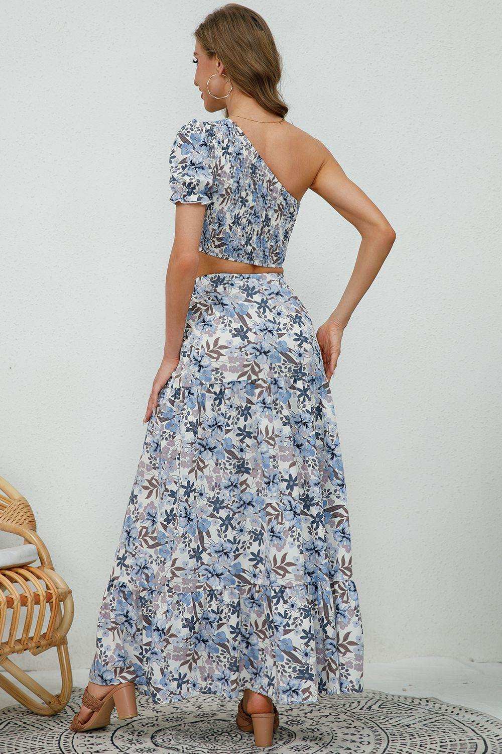 Printed Asymmetrical Cropped Top and Split Skirt Set - Trendsi - Flyclothing LLC