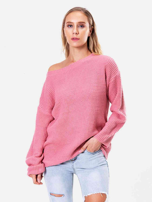 Boat Neck Drop Shoulder Long Sleeve Sweater - Trendsi
