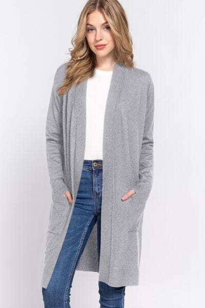 ACTIVE BASIC Open Front Rib Trim Long Sleeve Knit Cardigan - Trendsi - Flyclothing LLC