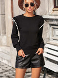 Round Neck Ruffle Trim Long Sleeve Pullover Sweater - Trendsi - Flyclothing LLC