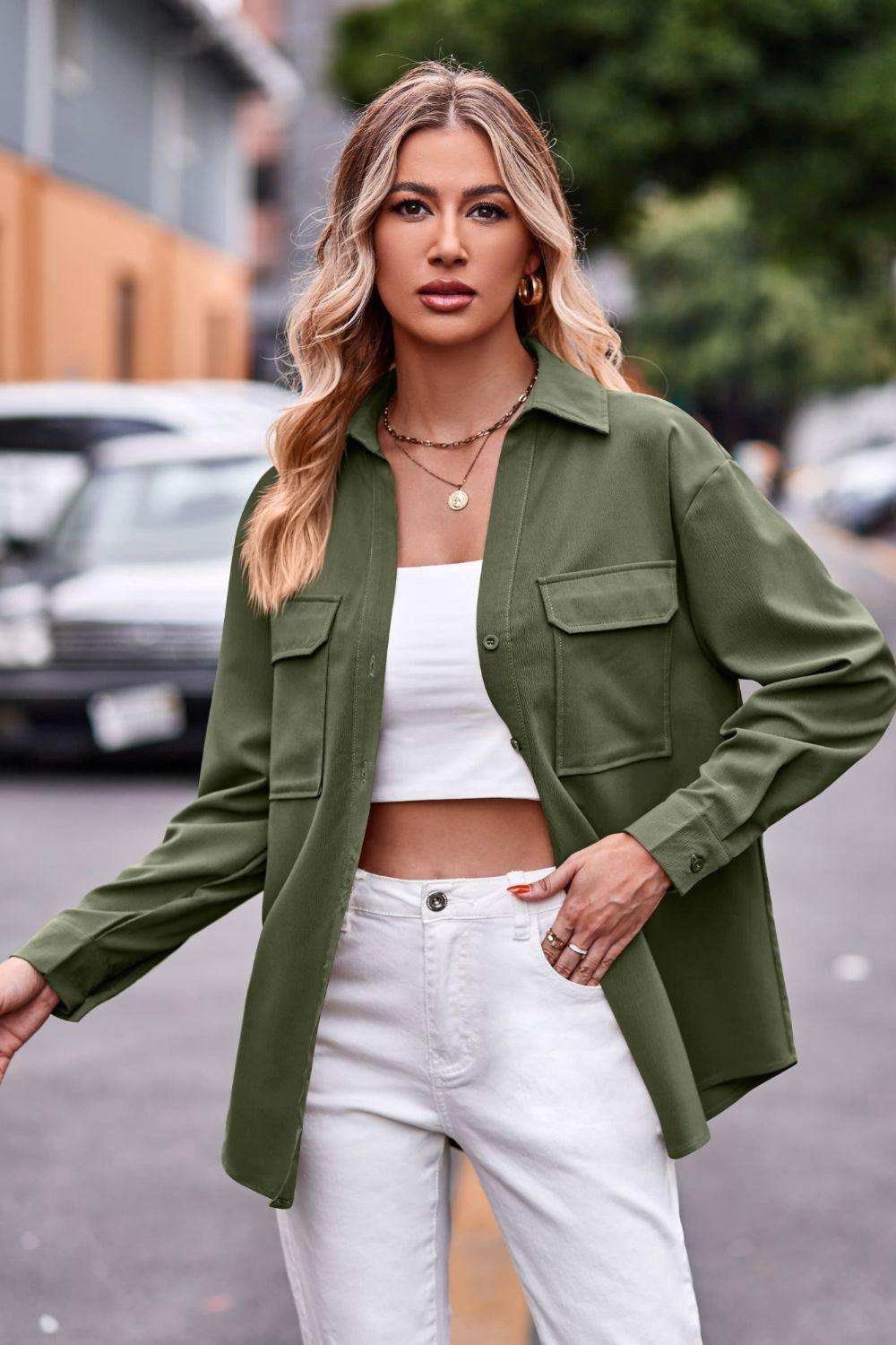 Dropped Shoulder Longline Shirt with Pockets - Trendsi - Flyclothing LLC