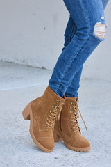 Forever Link Lace-Up Zipper Detail Block Heel Boots - Trendsi