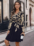 Contrast Notched Tie Front Long Sleeve Dress - Trendsi