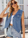 Pocketed Button Up Sleeveless Denim Jacket - Trendsi