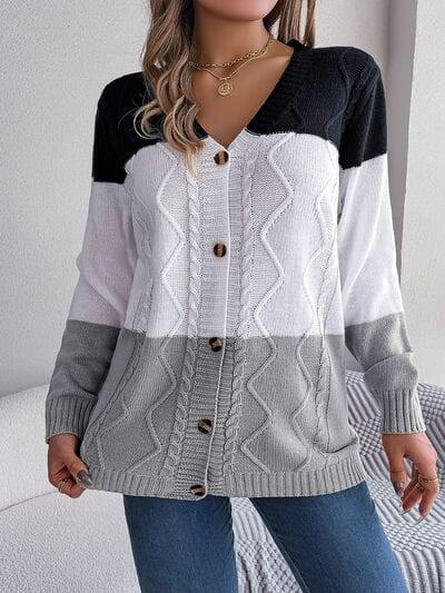 Cable-Knit Striped Button Up Cardigan - Trendsi