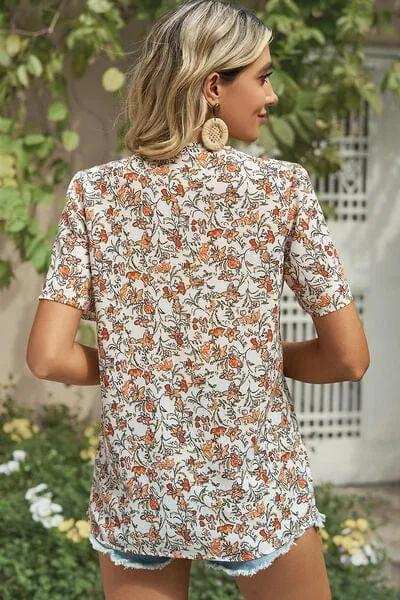 Floral V-Neck Short Sleeve T-Shirt - Trendsi - Flyclothing LLC