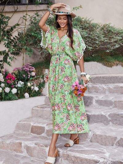 Smocked Floral V-Neck Short Sleeve Dress - Trendsi - Flyclothing LLC