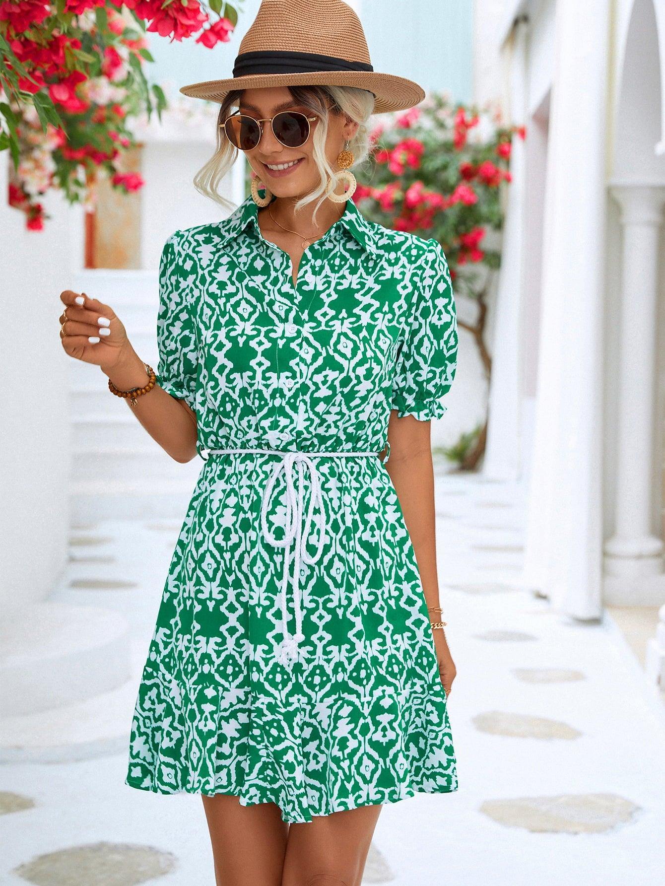 Printed Tie Waist Collared Flounce Sleeve Dress - Trendsi