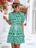 Printed Tie Waist Collared Flounce Sleeve Dress - Trendsi