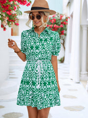 Printed Tie Waist Collared Flounce Sleeve Dress - Trendsi