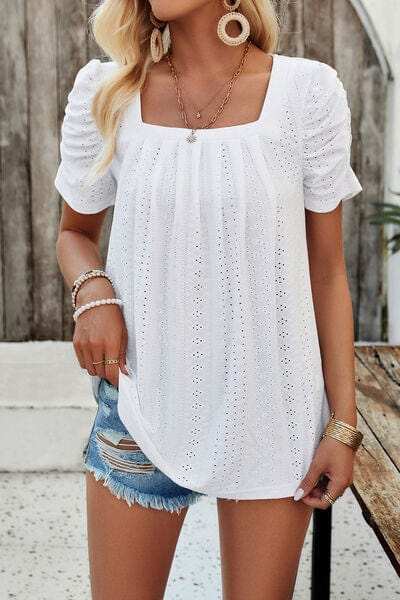 Eyelet Square Neck Puff Sleeve T-Shirt - Trendsi - Flyclothing LLC