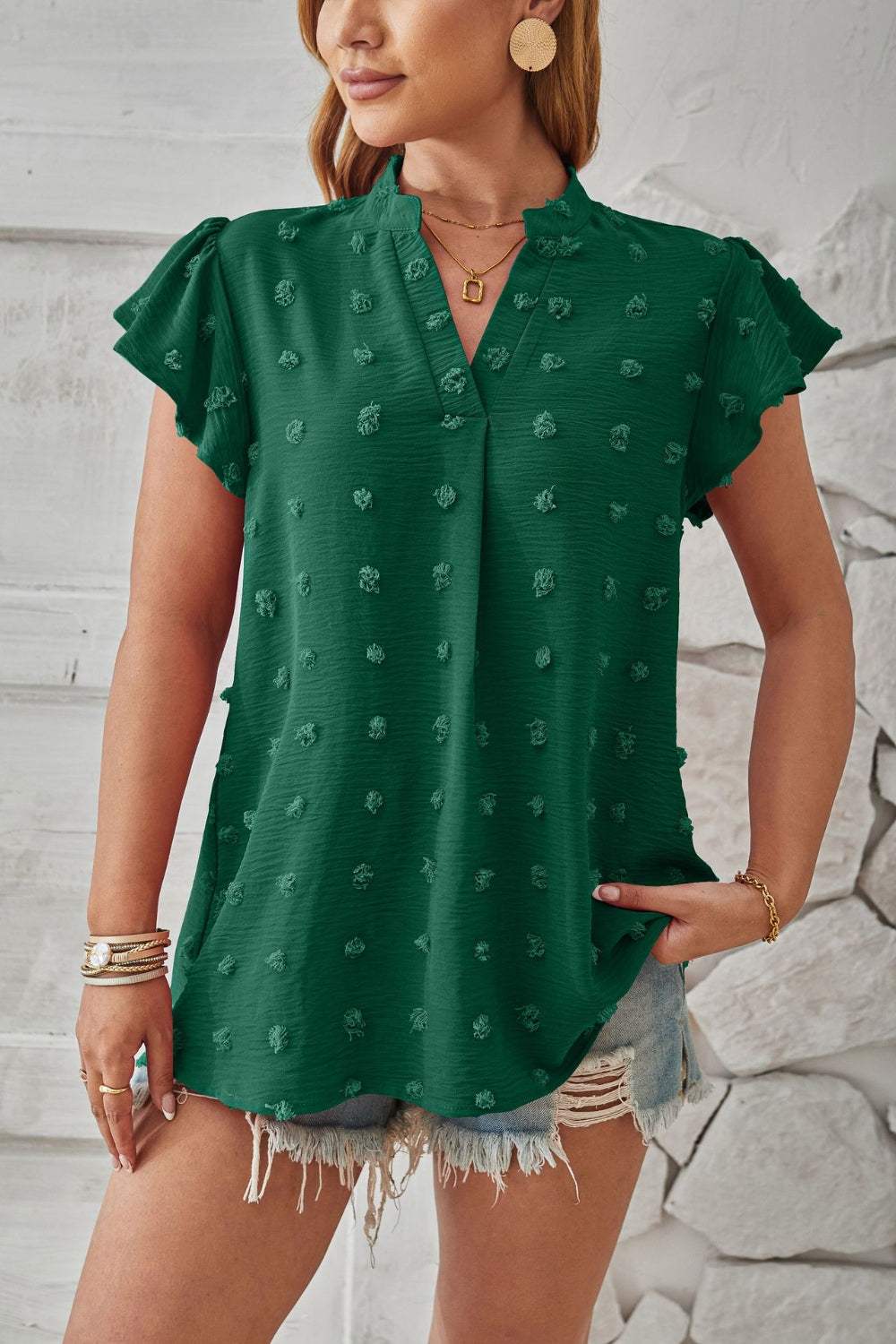 Swiss Dot Notched Cap Sleeve T-Shirt - Trendsi - Flyclothing LLC