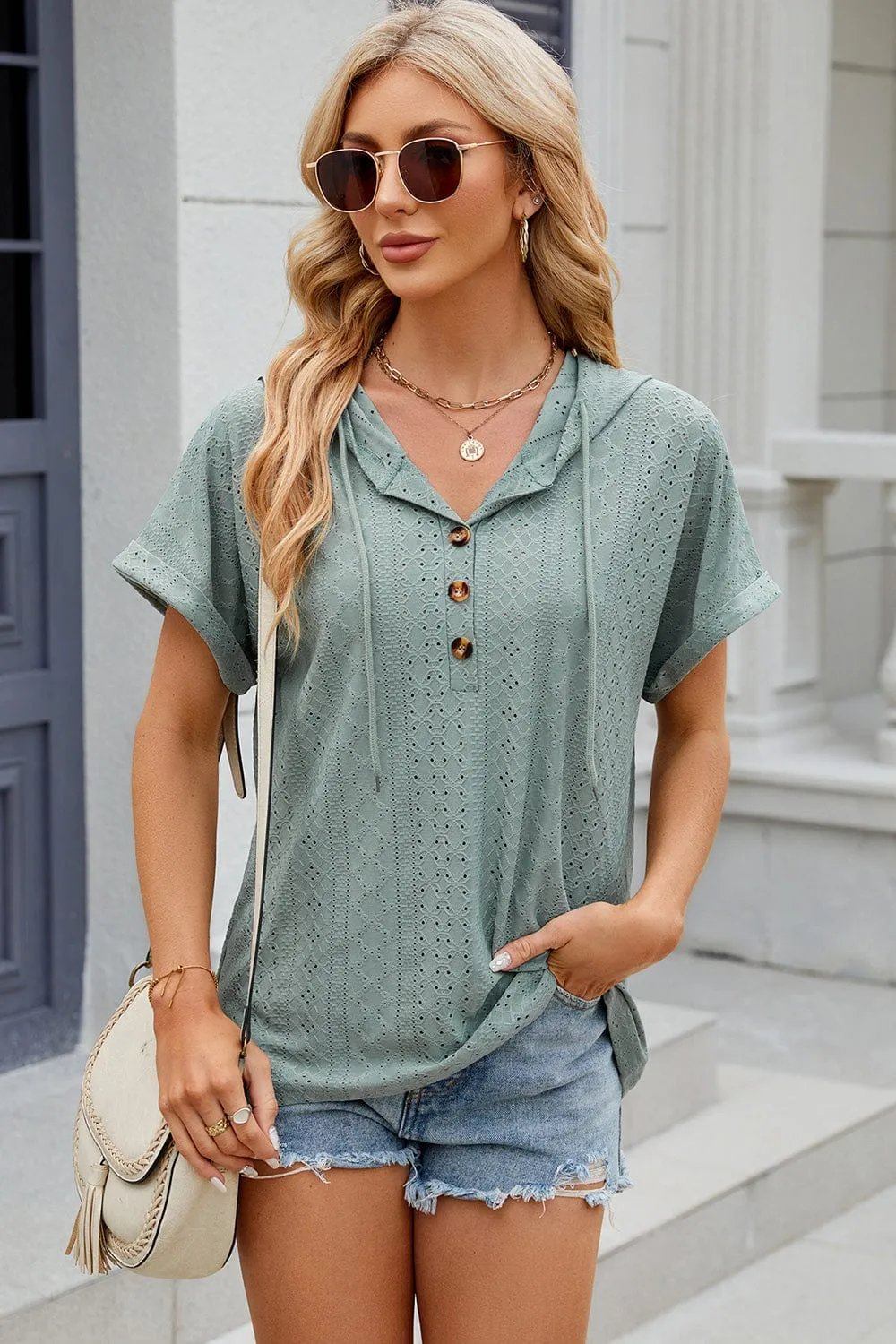 Eyelet Drawstring Hooded Short Sleeve Blouse - Trendsi