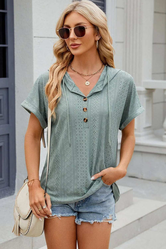 Eyelet Drawstring Hooded Short Sleeve Blouse - Trendsi - Flyclothing LLC