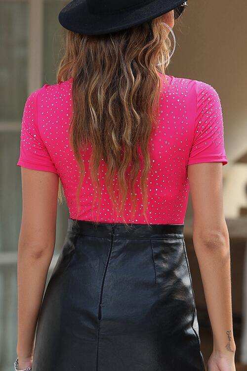 Rhinestone Allover Round Neck Short Sleeve Bodysuit - Trendsi - Flyclothing LLC