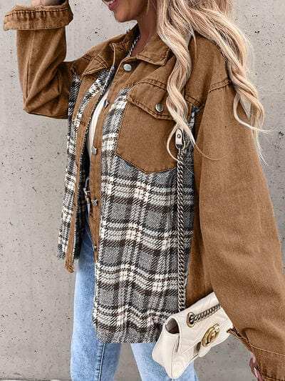 Plaid Button Up Dropped Shoulder Jacket - Trendsi - Flyclothing LLC